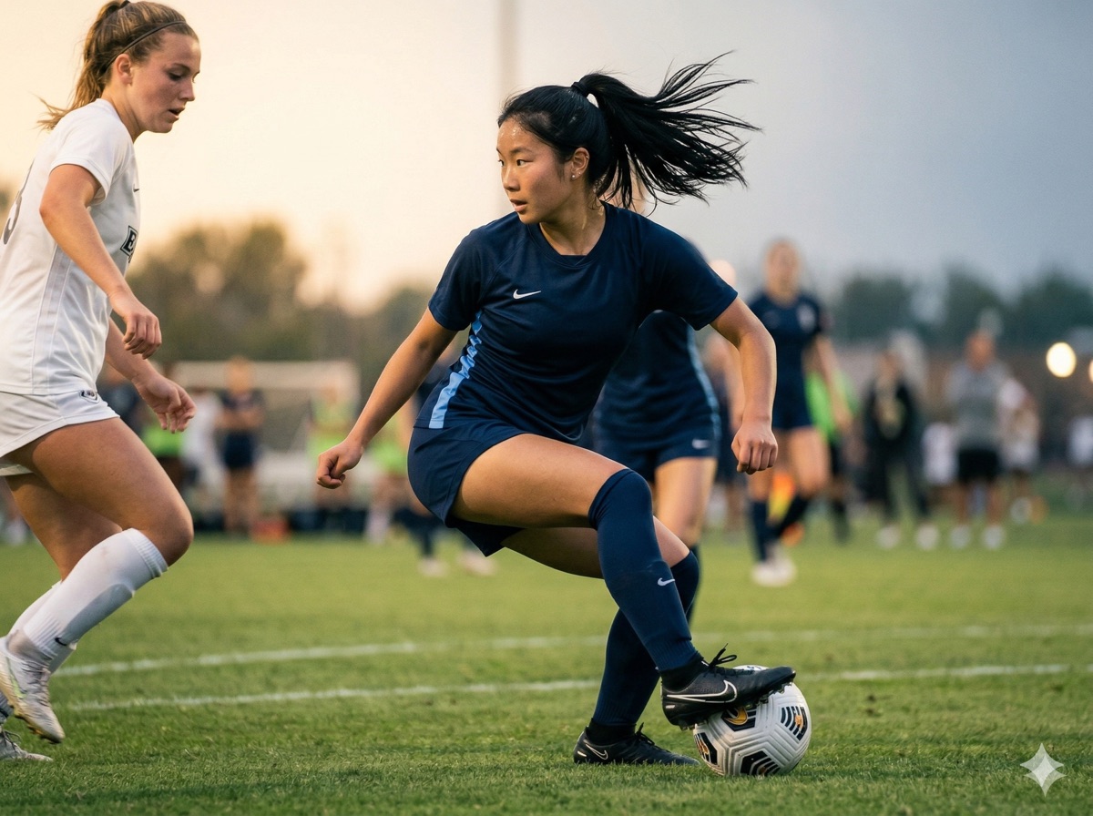Maya Chen winning a tackle in ECNL match