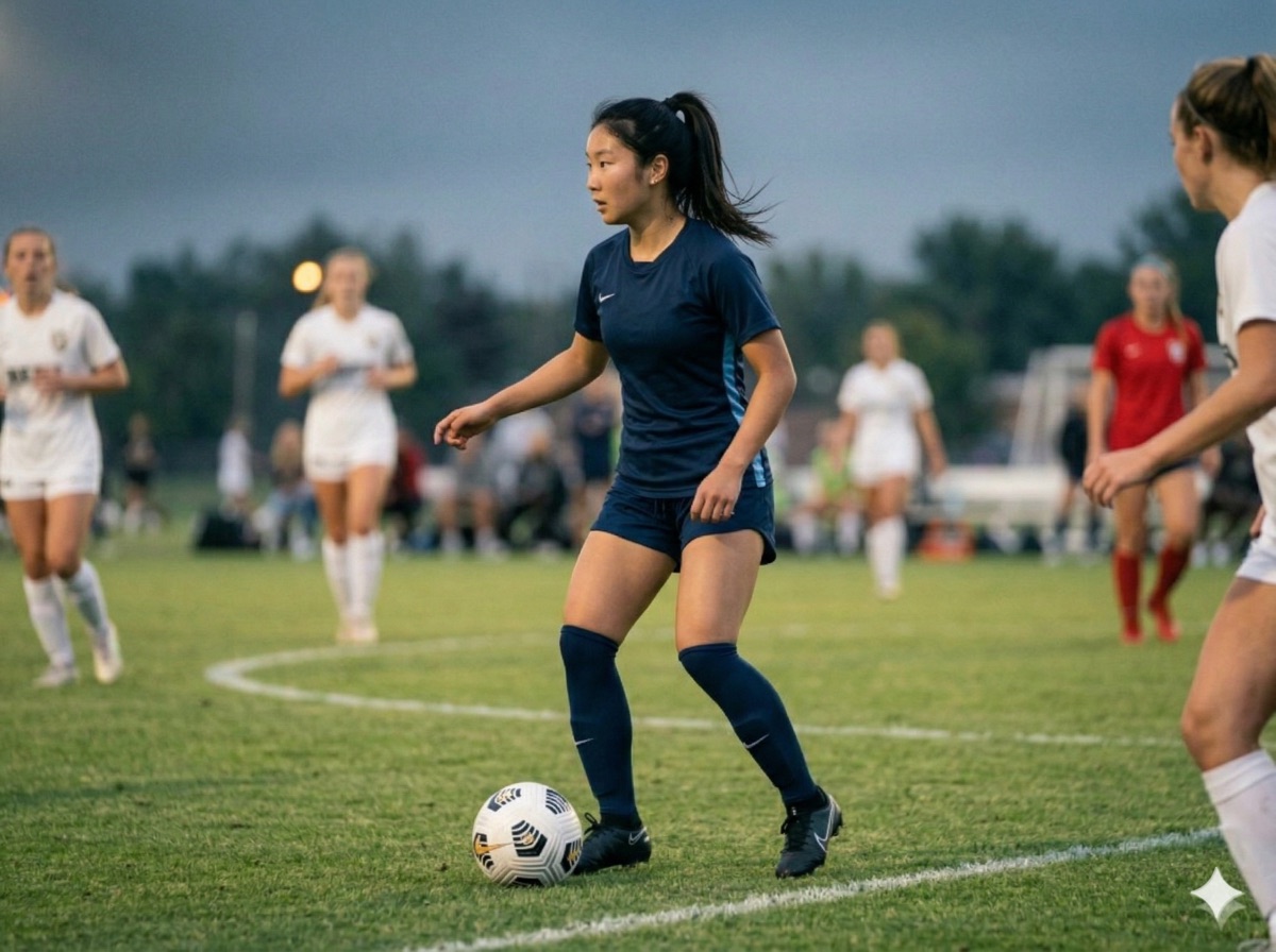 Maya Chen scanning the field with ball at feet